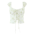 French vintage floral crop top with puff sleeves and front tie closure in white and green - S