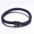 Blue braided leather cord bracelet for men with black cylindrical magnetic clasp closure - Navy Blue