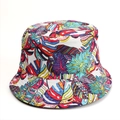 Detail of tropical plant leaf print and stitched brim on the double-sided bucket hat - Tropical Blue Red Green Leaves Print (Style A)