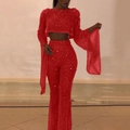 Sparkly red sequin two-piece set featuring long sleeve crop top and high waist flared pants - Red