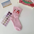 Pink crew socks with red cherry pattern and ribbed cuffs on a white aesthetic background - One Size / Cherry / Pink