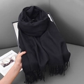 Solid black imitation cashmere winter scarf with elegant tassels for women - 68x180cm / Black