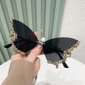 Occhiali da sole a farfalla senza montatura con lenti grigie e strass luminosi decorati - Montatura Oro/Lente Nera/Strass Dorati