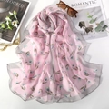 Light pink georgette floral scarf with blue-purple prints and grey sheer borders - 160*50CM / Tulip Grey Pink