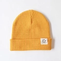Bright yellow ribbed knit baby beanie with a feelingbaby smiley face patch label - One Size / Ginger Yellow