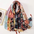 Floral cotton linen scarf with multicolored patchwork pattern and red fringe tassels - C1213 Multi-color Patchwork Floral