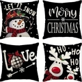 Set of 4 Christmas pillow covers with snowman and deer patterns on black fabric - Black Background Xmas