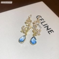 Golden flower earrings with a blue teardrop crystal pendant and sparkling zircon stones - Gold Zircon Butterfly Waterdrop Tassel Earrings