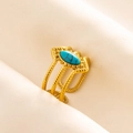 Macro shot of gold stainless steel triple twisted ring featuring an oval turquoise stone - Adjustable Open / Gold - Synthetic Turquoise