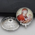 Detailed relief of Virgin Mary and Child on a silver metal religious icon stand - Silver-5 (Virgin Mary and Child Icon)