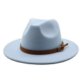 Detail view of light blue fedora with a brown leather decorative band and metal buckle - Sky Blue