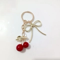 Golden bow cherry pendant keychain with red beads and metallic leaf for DIY accessories - Red Cherry Thin Gold Bow (Cherry X)