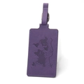 Purple leather luggage tag with embossed world map and adjustable strap on white background - Luggage Tag / Purple