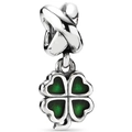 Silver charm bead with green enamel four-leaf clover pendant for bracelets - Green Enamel Clover Pendant / Green/Silver