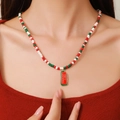 Double-layered Christmas beaded necklace with red white green beads and Santa tag - D1218 Single Layer Beaded Merry Christmas Red Tag