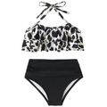 Two-piece halter bikini set featuring leopard print ruffles and high-waisted black bottoms - Kids 116 / Top And Bottom / Leopard Print