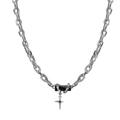 Collana a doppio strato in acciaio al titanio argento con gemma nera e croce - Collana (50cm+5cm) / Zircone Nero Argento