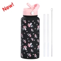 Borraccia sportiva 1L nera opaca con stampa floreale rosa, cannucce e set spazzolino - Nero 9V