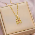 Golden titanium steel teddy bear necklace featuring white zircon and a red heart gemstone - 6061 Red Heart Bear / Gold