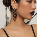 Elegant black multi-layered geometric V-shaped long drop earrings on female model - Black Multi-layer Geometric V-shape