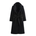 Elegant black long wool coat featuring a plush fur collar and matching waist belt - XS / Black