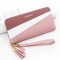 Portefeuille long zippé bicolore avec dragonne et pompon en bordeaux, rose et blanc - R8901-11 Rose Patchwork