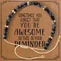 Handmade stone bead bracelet with gold spacers on inspirational quote gift card - Black Grey Snowflake Stone-Beige Cord-With Reminder Card
