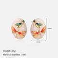 Detail of gold-plated stainless steel oval dragonfly earrings with size and weight specs - Gold & Pink Green Dragonfly