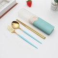 Portable blue and gold stainless steel cutlery set with storage box for travel and school - Type F Green+Gold