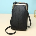 Vertical black crossbody phone bag in pebble leather with decorative leaf stitching - Black