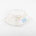 White cotton kids bucket hat with pearl bow and lace trim on a clean white background - CM8005 Pearl Lace Series / White