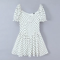Classic white polka dot mini dress with French puff sleeves and sweetheart neckline - S / White with Black Polka Dots