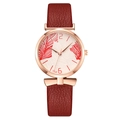 Women's quartz watch with red lychee leather strap and rose gold case with leaf pattern - Red