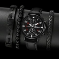 Men's black quartz watch set with three matching black leather and beaded bracelets - Set 7 (No Box)