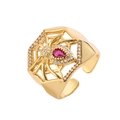 Gotischer vergoldeter Spinnenring mit rotem birnenförmigem Stein und Zirkonia-Netz - Goldener roter Zirkonia Spinnennetz-Stil