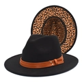 Cappello fedora in feltro nero con fodera leopardata e fascia in pelle con fibbia - Nero / M(56-58cm)