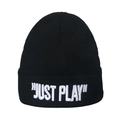 Japanese style black knit beanie for women with white JUST PLAY embroidery and ear protection - M (56-58cm) / Black