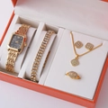 5-piece gold watch and jewelry set with necklace, bracelet, ring, and earrings in box - Gold Clear Square Gem G Logo Ring Set (A2)