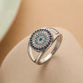 Adjustable evil eye ring with blue and white zircon stones in high-quality silver finish - Adjustable Open / Silver