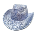 Detailed view of silver cowboy hat with blue shattered ice texture and visible stitching - M (56-58cm) / Blue