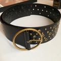 Detail of black leather waist chain with golden rivets and large round metal buckle - 5# Waist Chain - Black Square