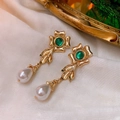 Vintage gold drop earrings with green floral studs and white teardrop pearls - 37# Silver Earring Post Vintage Emerald Rhinestone Flower Pearl Drop Earrings