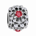 Hollow silver-plated bead charm with clear and red cubic zirconia stones - Red Flower Cluster Shape / Red