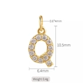 14K gold plated letter Q charm with zircons for jewelry making, 10.5mm height - Letter Q