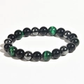 Détails des perles en oeil de tigre et obsidienne sur un bracelet élastique pour hommes - 10mm Œil de Tigre Vert