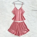 Conjunto de pijama rosa de dos piezas en satén con camisola en V y pantalones cortos - 1XL / Rosa
