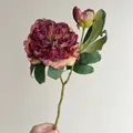 Artificial French oil painting style peony in deep red and beige with one bloom and one bud - Burgundy