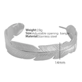 Bracciale rigido aperto a piuma d'argento regolabile in acciaio inossidabile da 14 mm - Forma di Piuma Colore Argento (SZ42) / 14mm