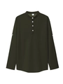 Details des dunkelgrünen Waffelstricks und der weißen Knöpfe am Langarm-Poloshirt - S / Grün