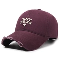Distressed dark purple baseball cap with white embroidery and frayed brim details - Adjustable / Red